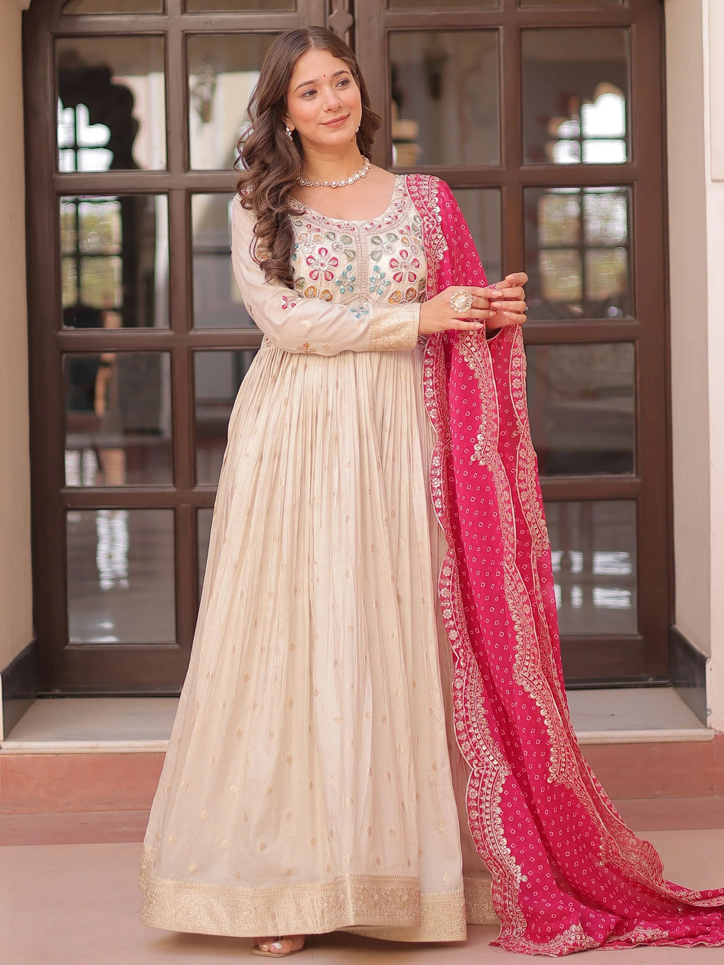 Cream Silk Pearl Beads Embroidery Gown with Pink Bandhani Dupatta