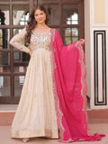 Cream Silk Pearl Beads Embroidery Gown with Pink Bandhani Dupatta