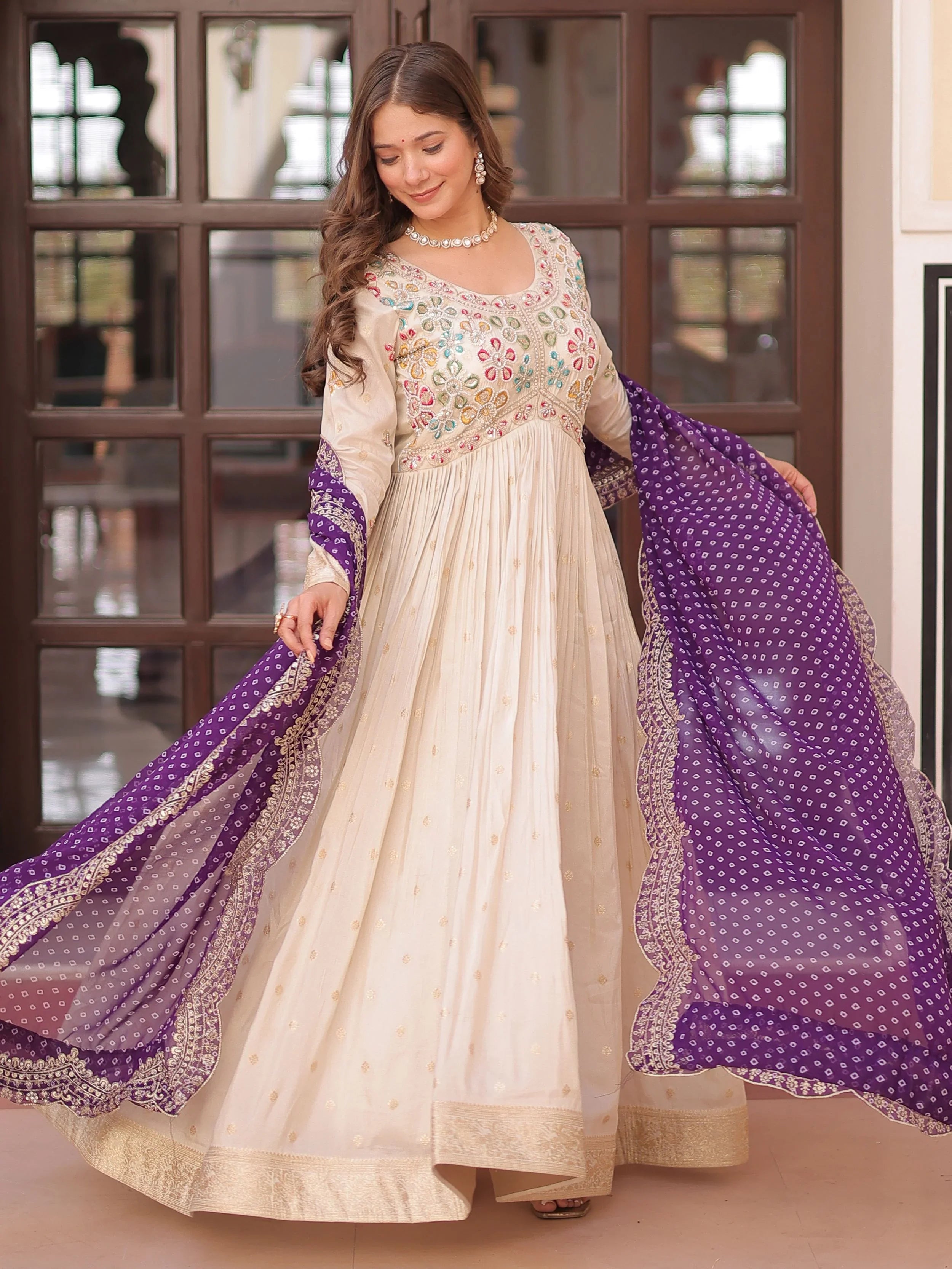 Cream Silk Pearl Beads Embroidery Gown with Purple Bandhani Dupatta
