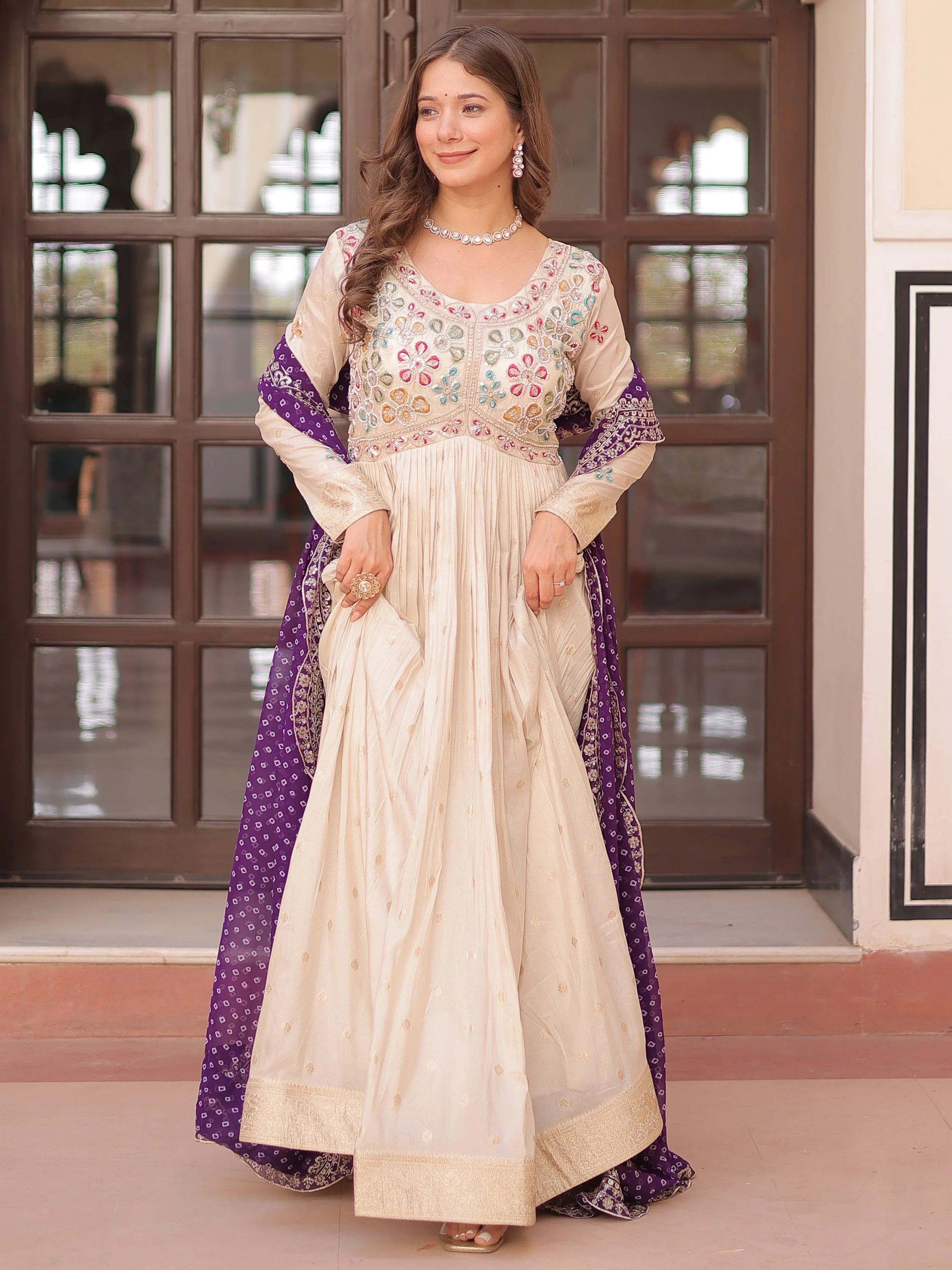 Cream Silk Pearl Beads Embroidery Gown with Purple Bandhani Dupatta