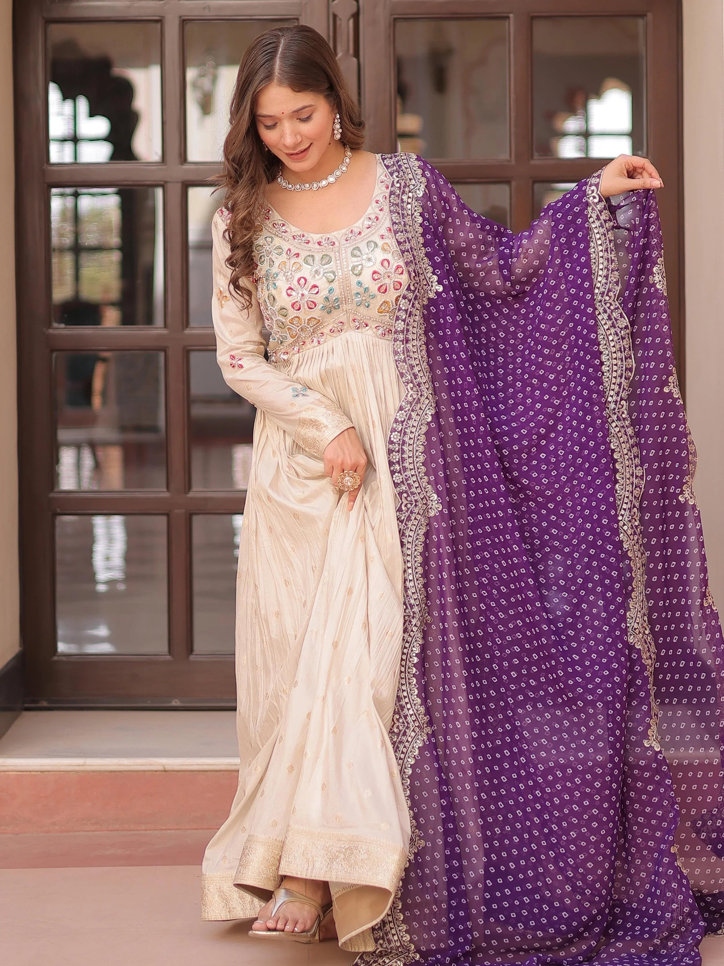 Cream Silk Pearl Beads Embroidery Gown with Purple Bandhani Dupatta