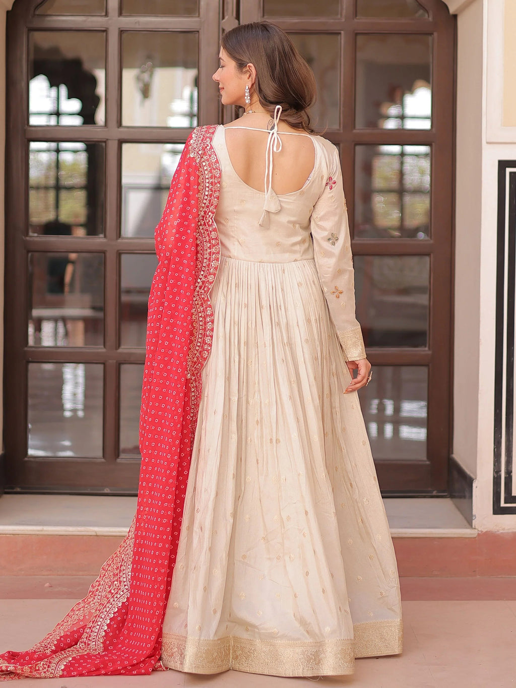 Cream Silk Pearl Beads Embroidery Gown with Red Bandhani Dupatta