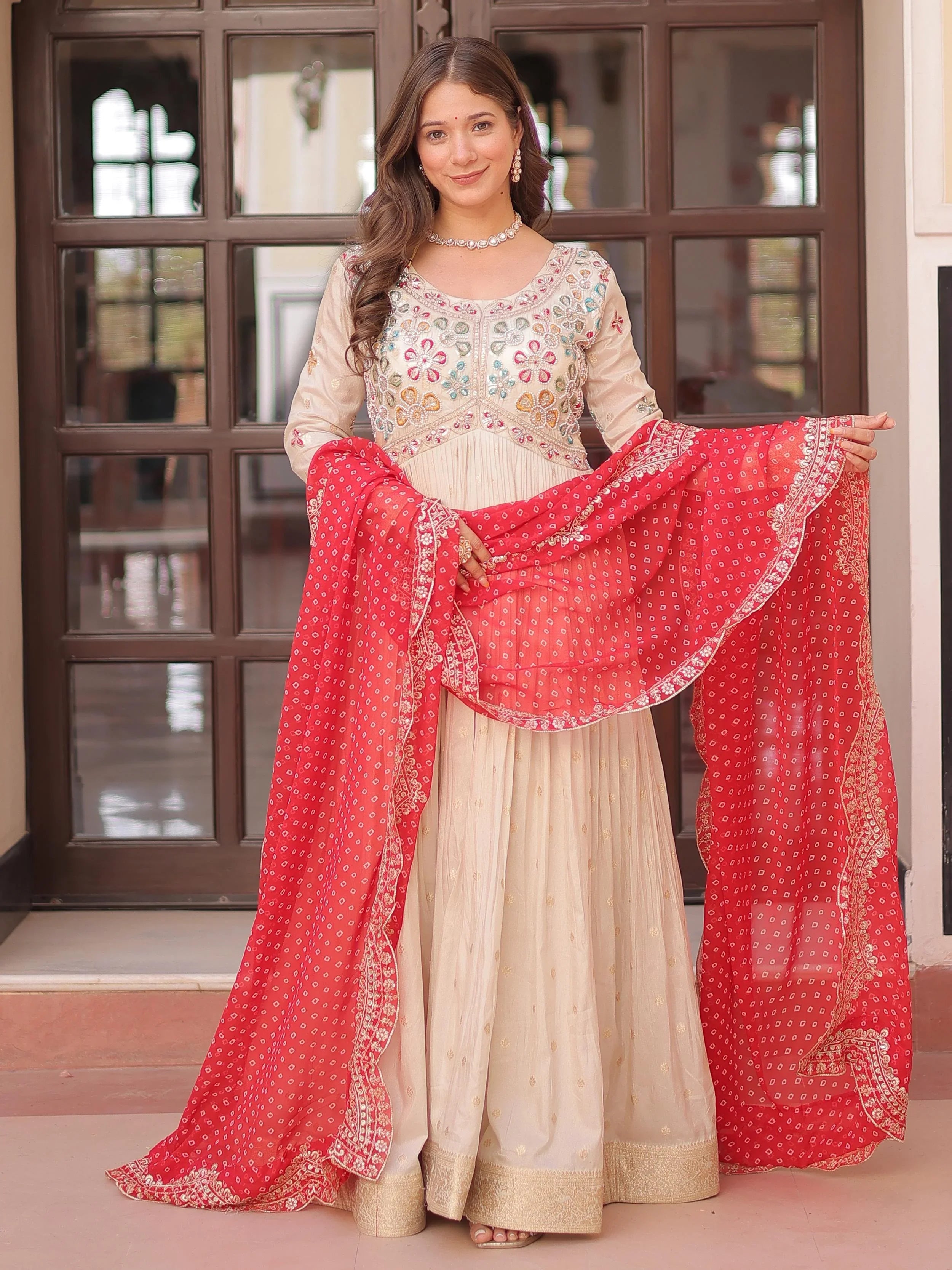 Cream Silk Pearl Beads Embroidery Gown with Red Bandhani Dupatta