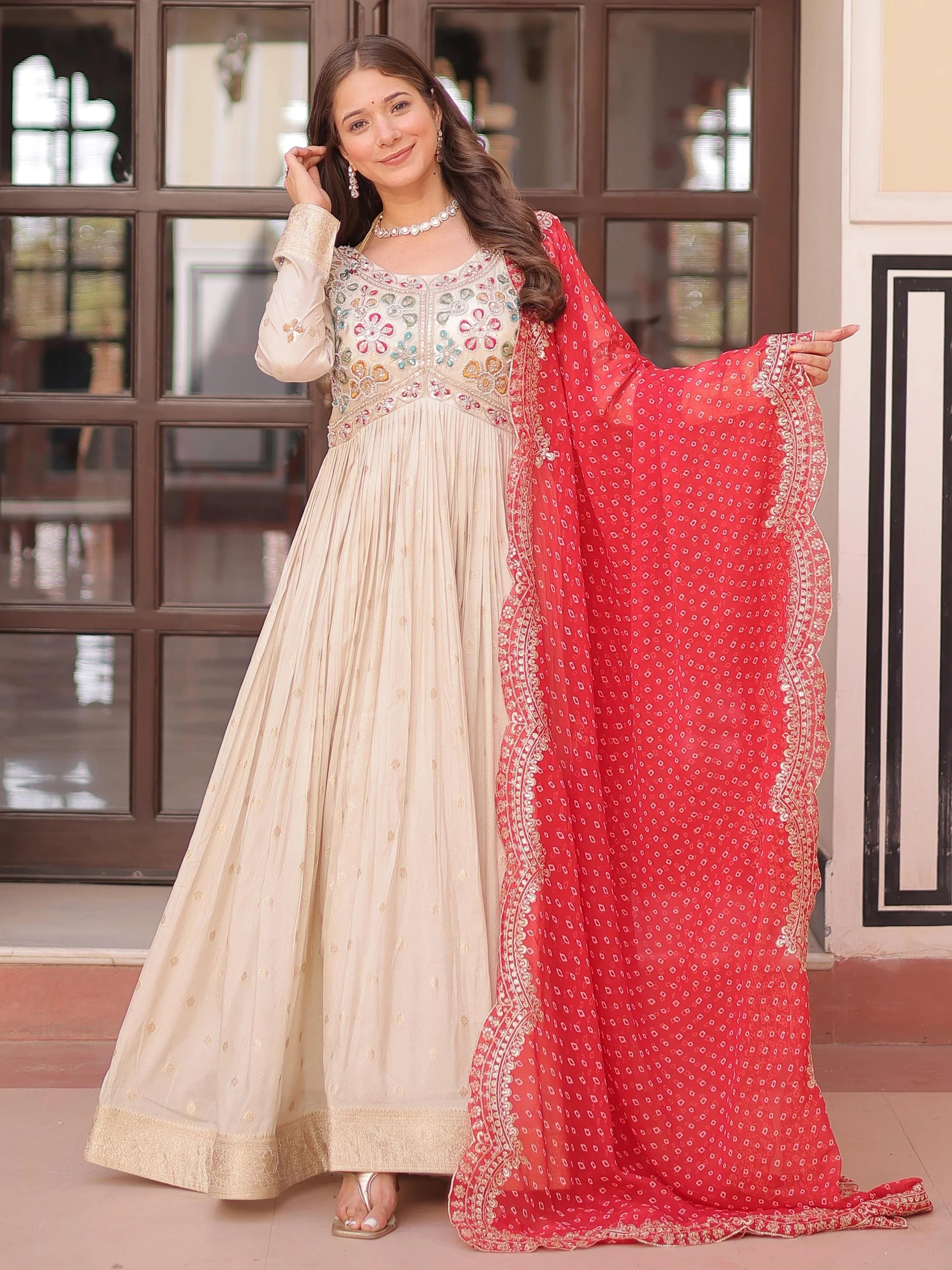 Cream Silk Pearl Beads Embroidery Gown with Red Bandhani Dupatta