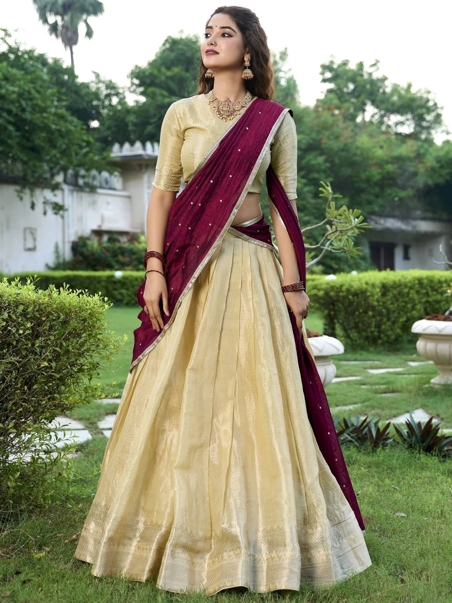 Cream Zari Weaving Sequins Embroidered Kanchipuram Silk Lehenga Choli