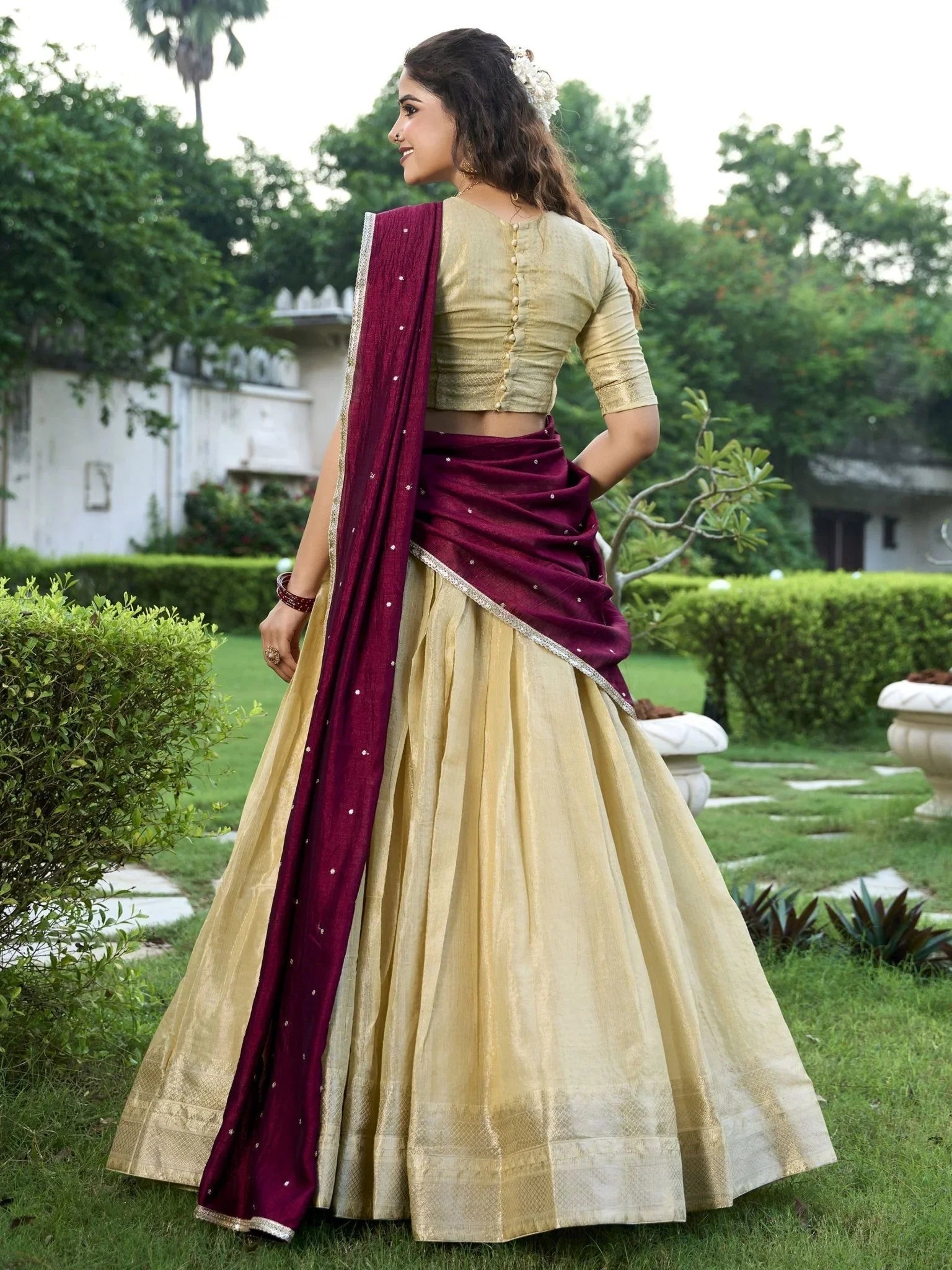Cream Zari Weaving Sequins Embroidered Kanchipuram Silk Lehenga Choli
