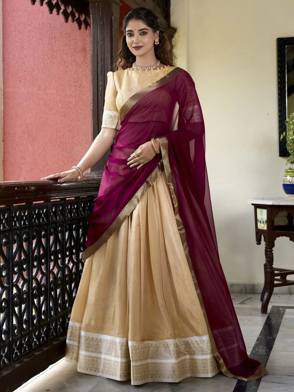 Cream Zari Weaving Work Kanchipuram Silk Lehenga Choli with Dupatta