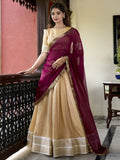 Cream Zari Weaving Work Kanchipuram Silk Lehenga Choli with Dupatta