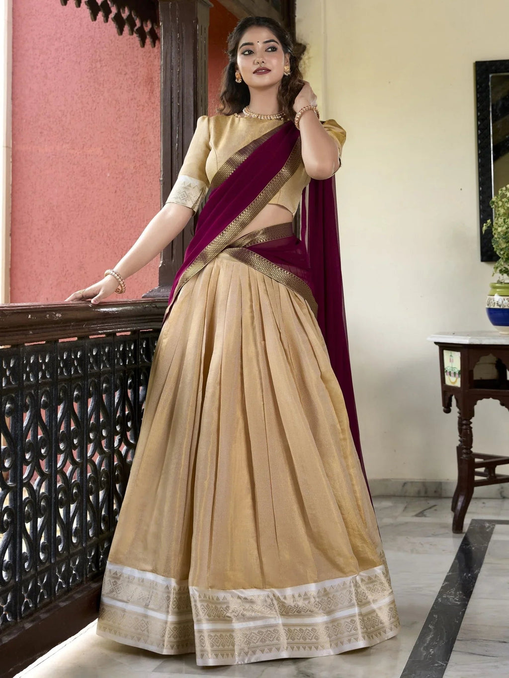 Cream Zari Weaving Work Kanchipuram Silk Lehenga Choli with Dupatta
