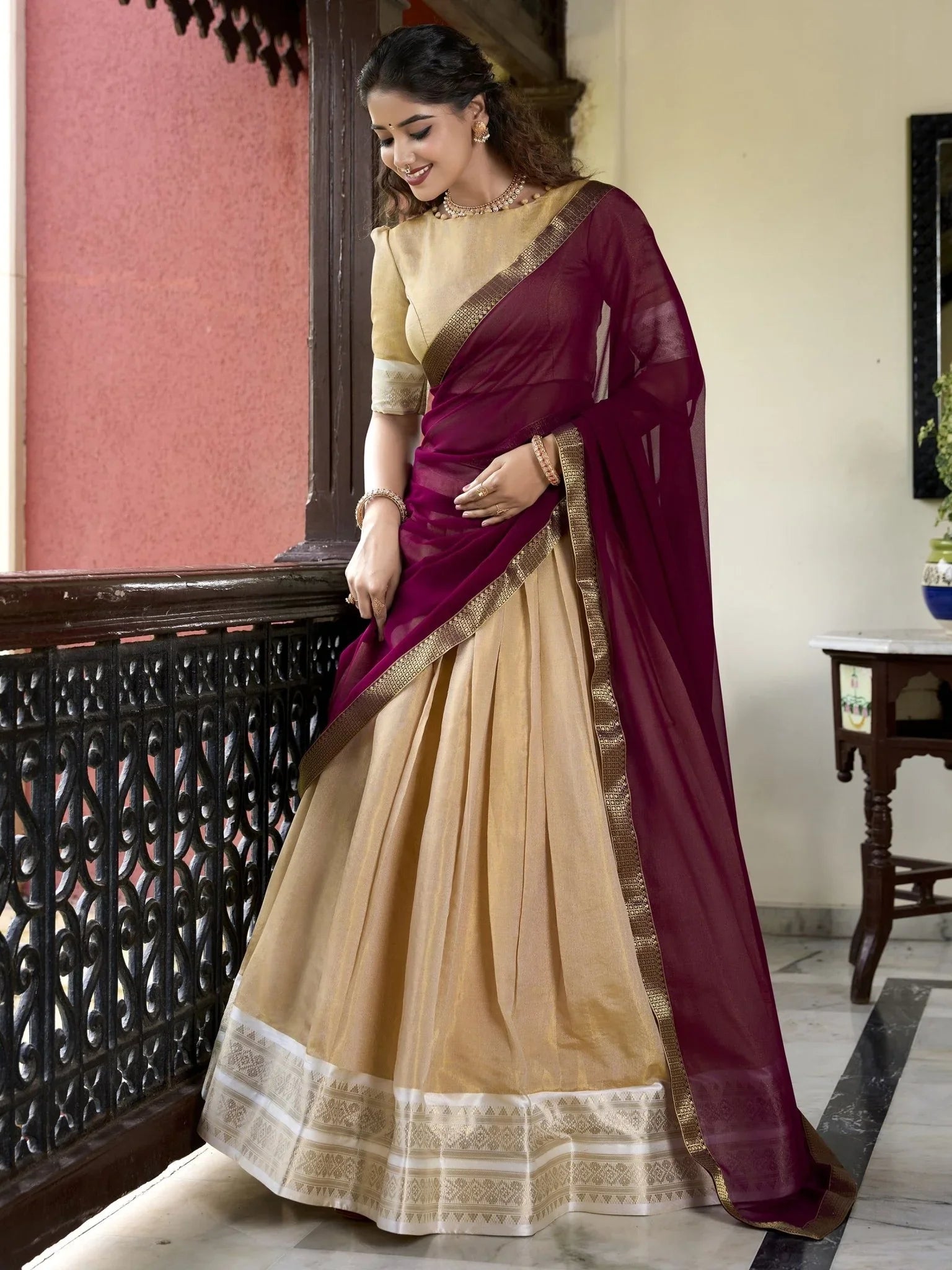 Cream Zari Weaving Work Kanchipuram Silk Lehenga Choli with Dupatta