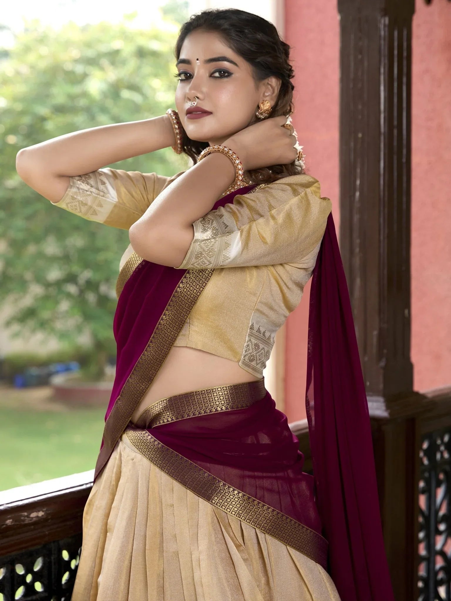 Cream Zari Weaving Work Kanchipuram Silk Lehenga Choli with Dupatta