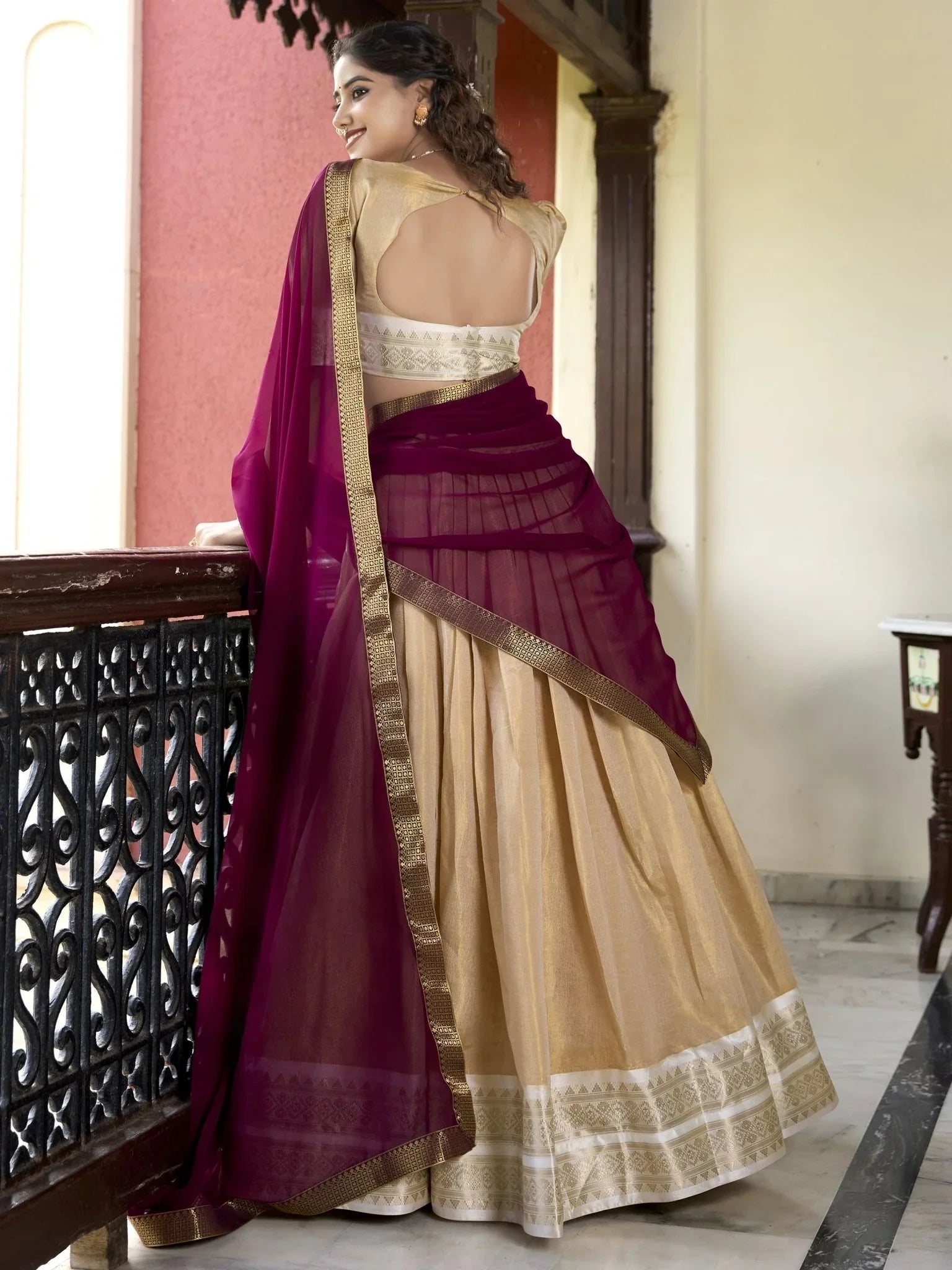 Cream Zari Weaving Work Kanchipuram Silk Lehenga Choli with Dupatta