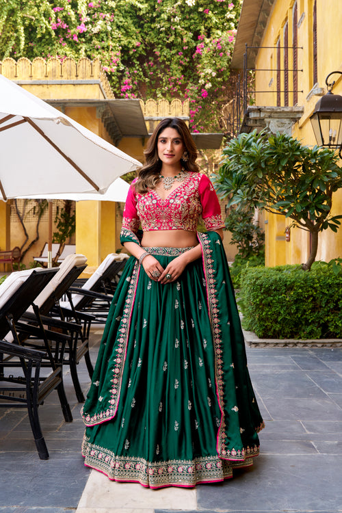 Damayanti green silk satin lehenga choli with sequins thread embroidery work