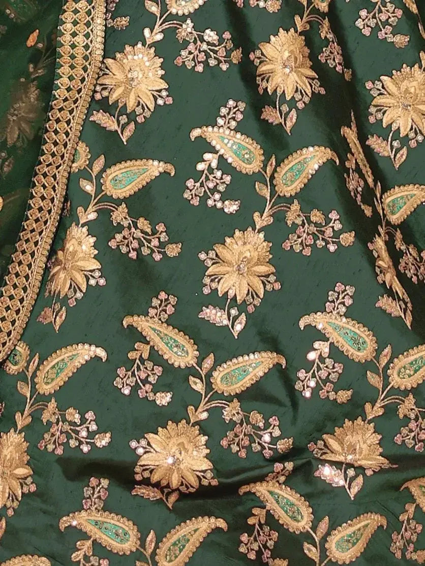 Dark green silk lehenga choli with thread zari dori sequins work