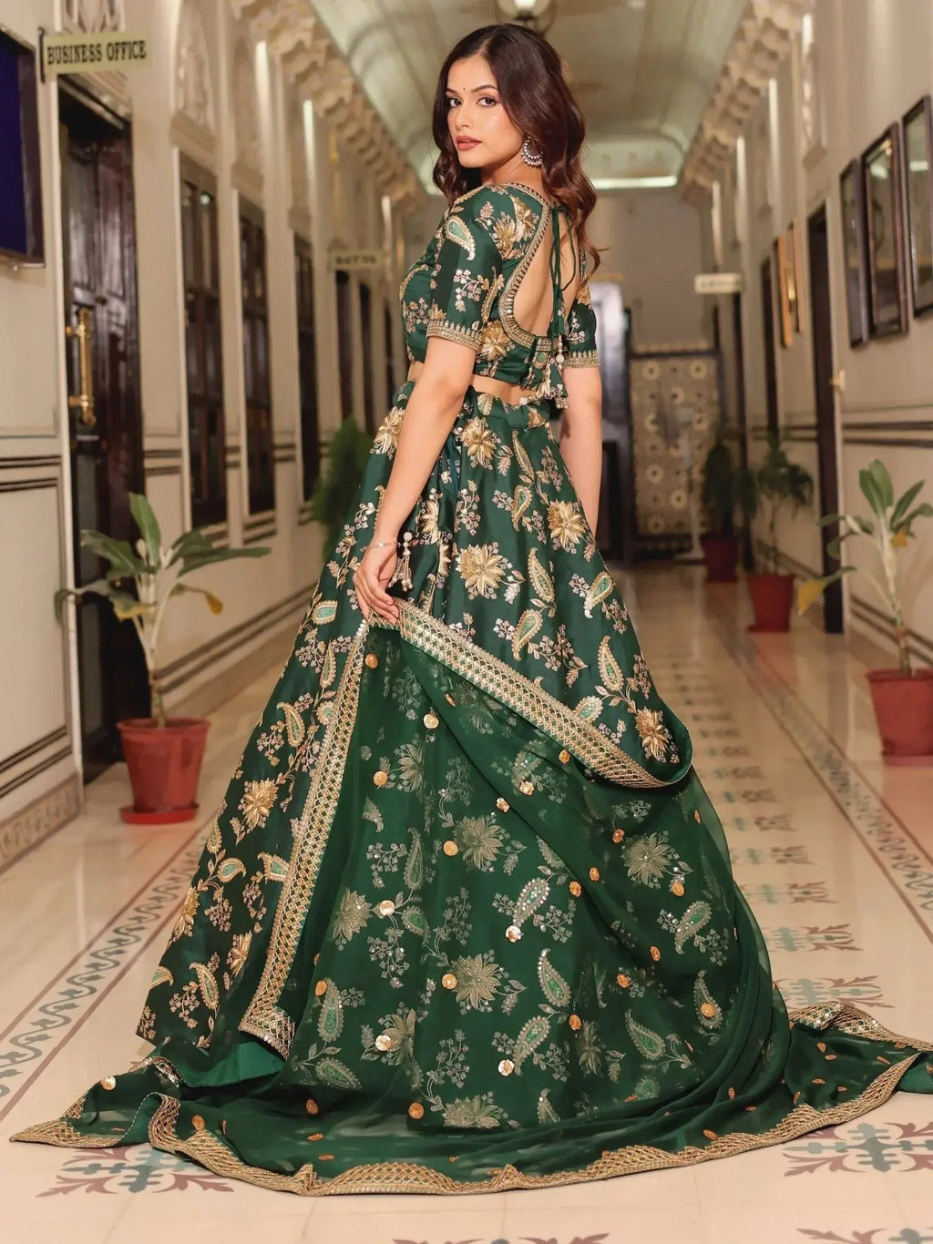 Dark green silk lehenga choli with thread zari dori sequins work