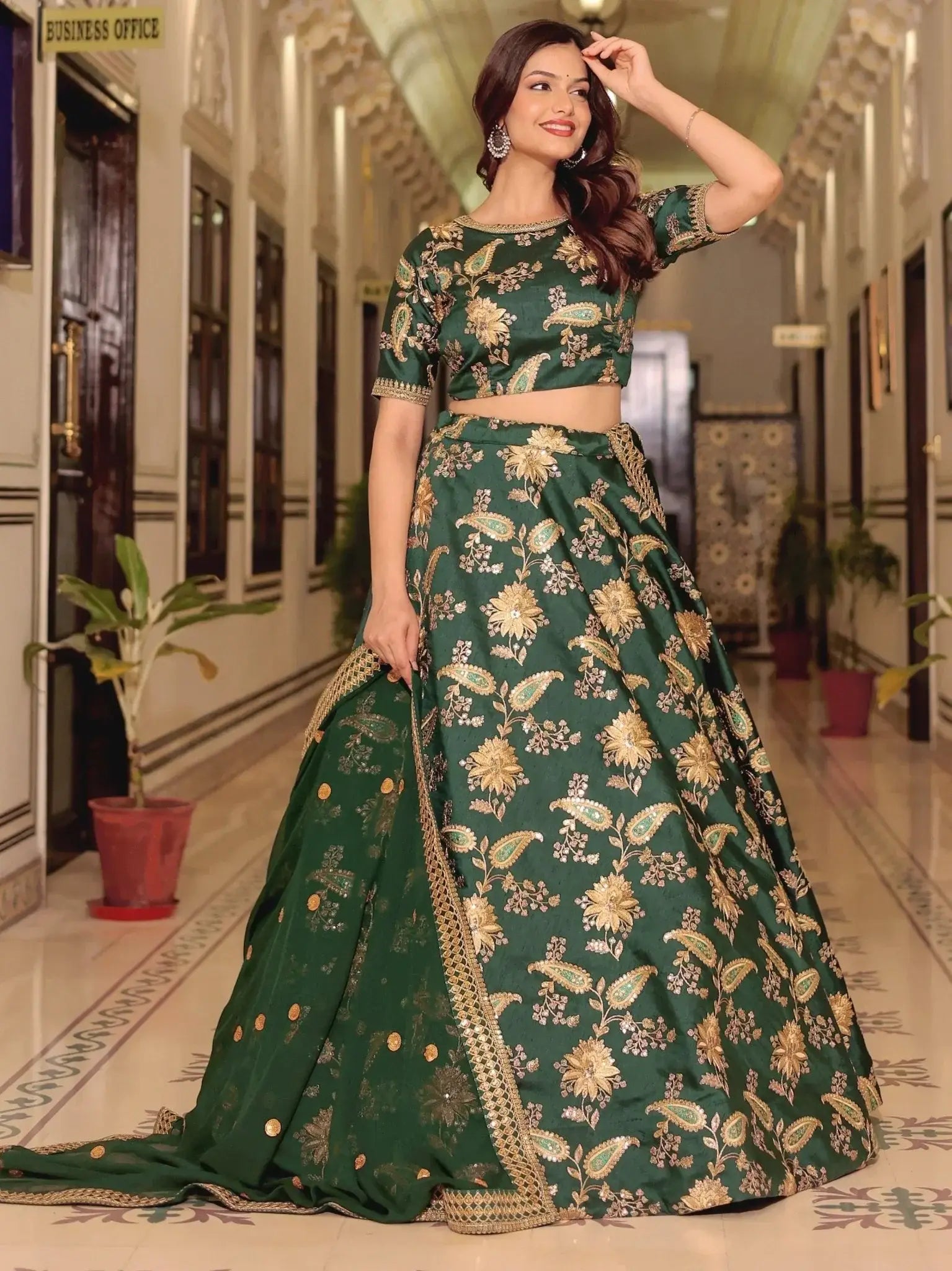 Dark green silk lehenga choli with thread zari dori sequins work