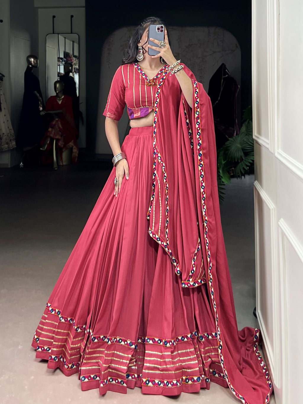 Dark Pink Pure Rayon Mirror Gamthi and Gotta Patti Work Lehenga Choli