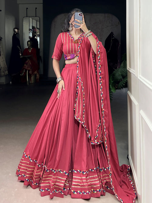 Dark pink pure rayon lehenga choli with mirror gamthi and gotta patti work