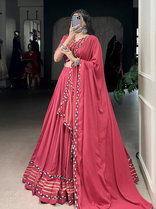 Dark pink pure rayon lehenga choli with mirror gamthi and gotta patti work
