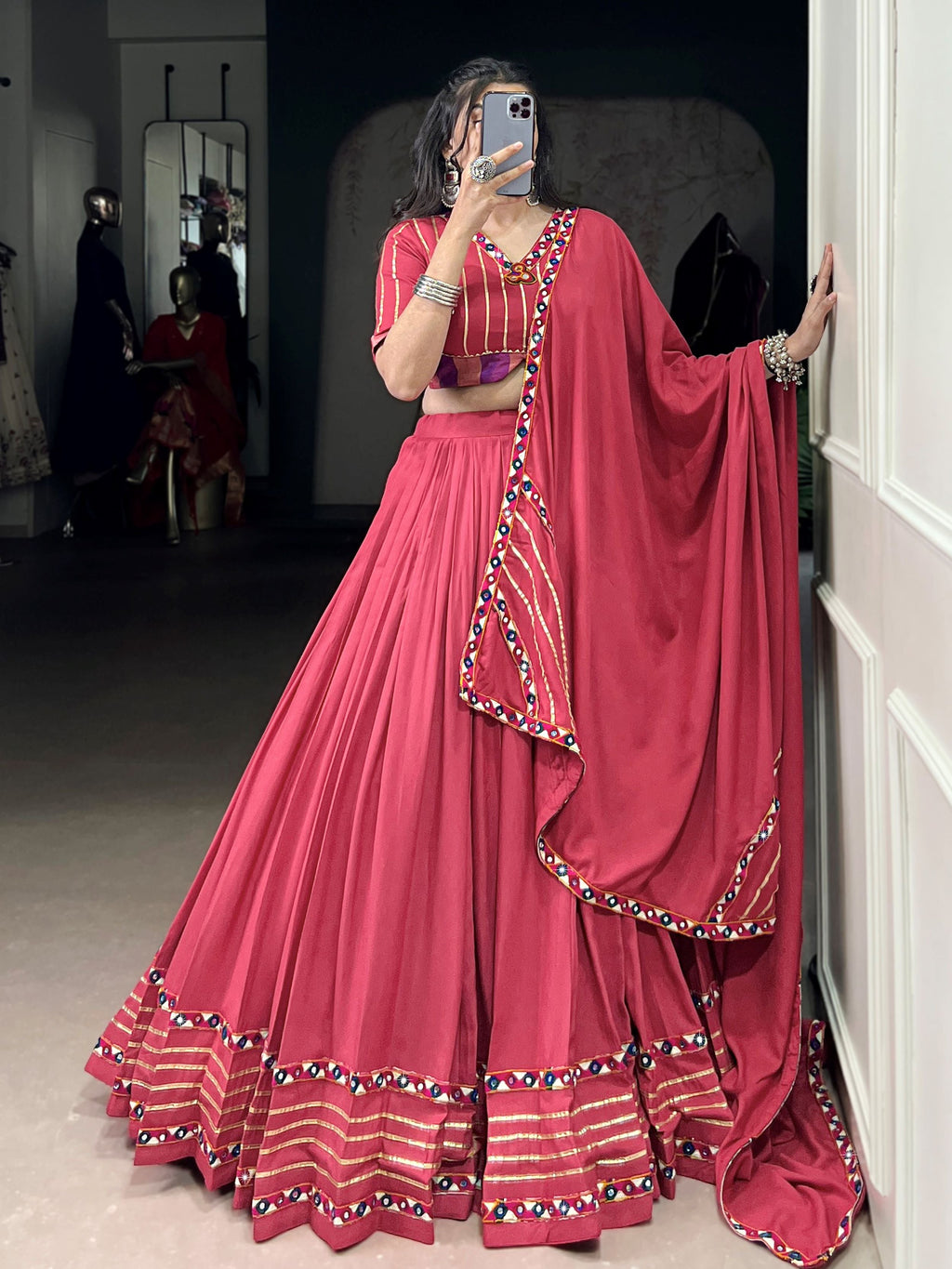 Dark Pink Pure Rayon Mirror Gamthi and Gotta Patti Work Lehenga Choli