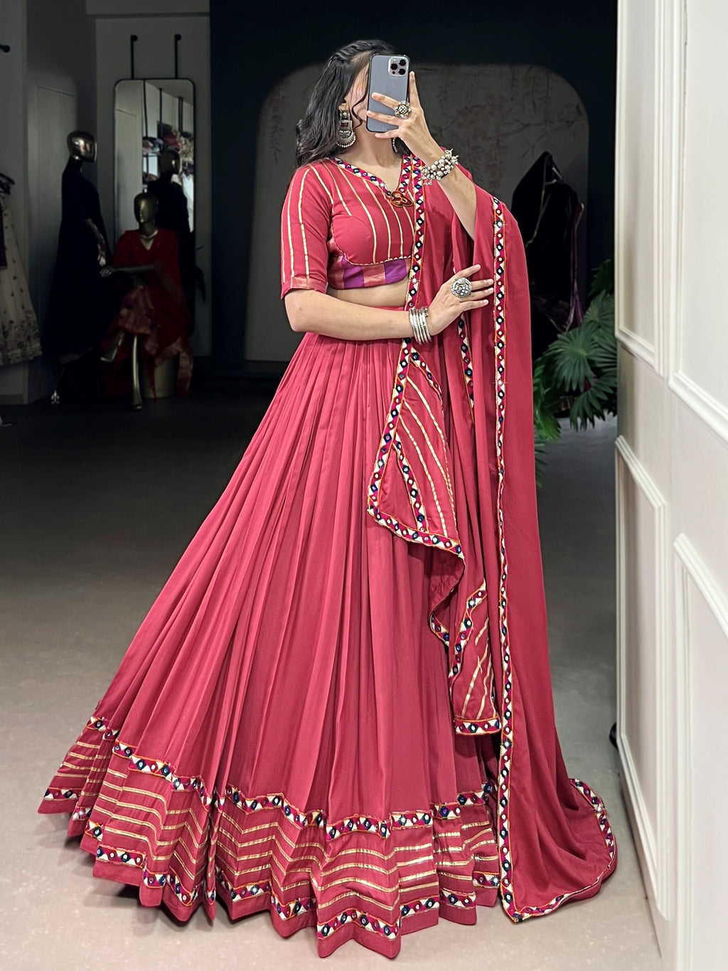 Dark Pink Pure Rayon Mirror Gamthi and Gotta Patti Work Lehenga Choli