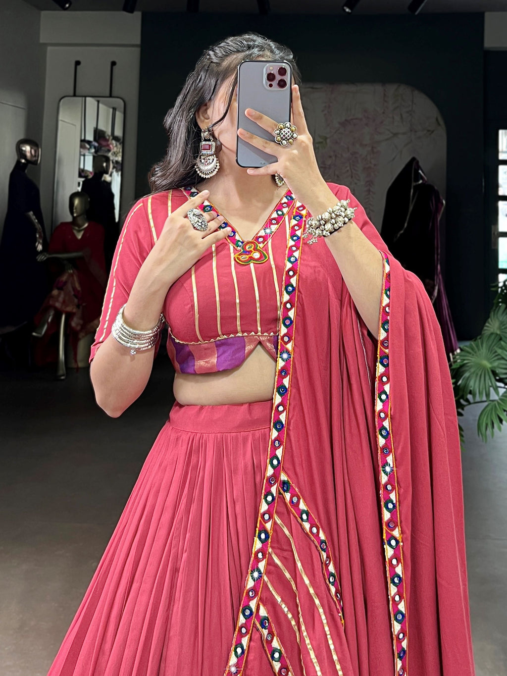 Dark Pink Pure Rayon Mirror Gamthi and Gotta Patti Work Lehenga Choli
