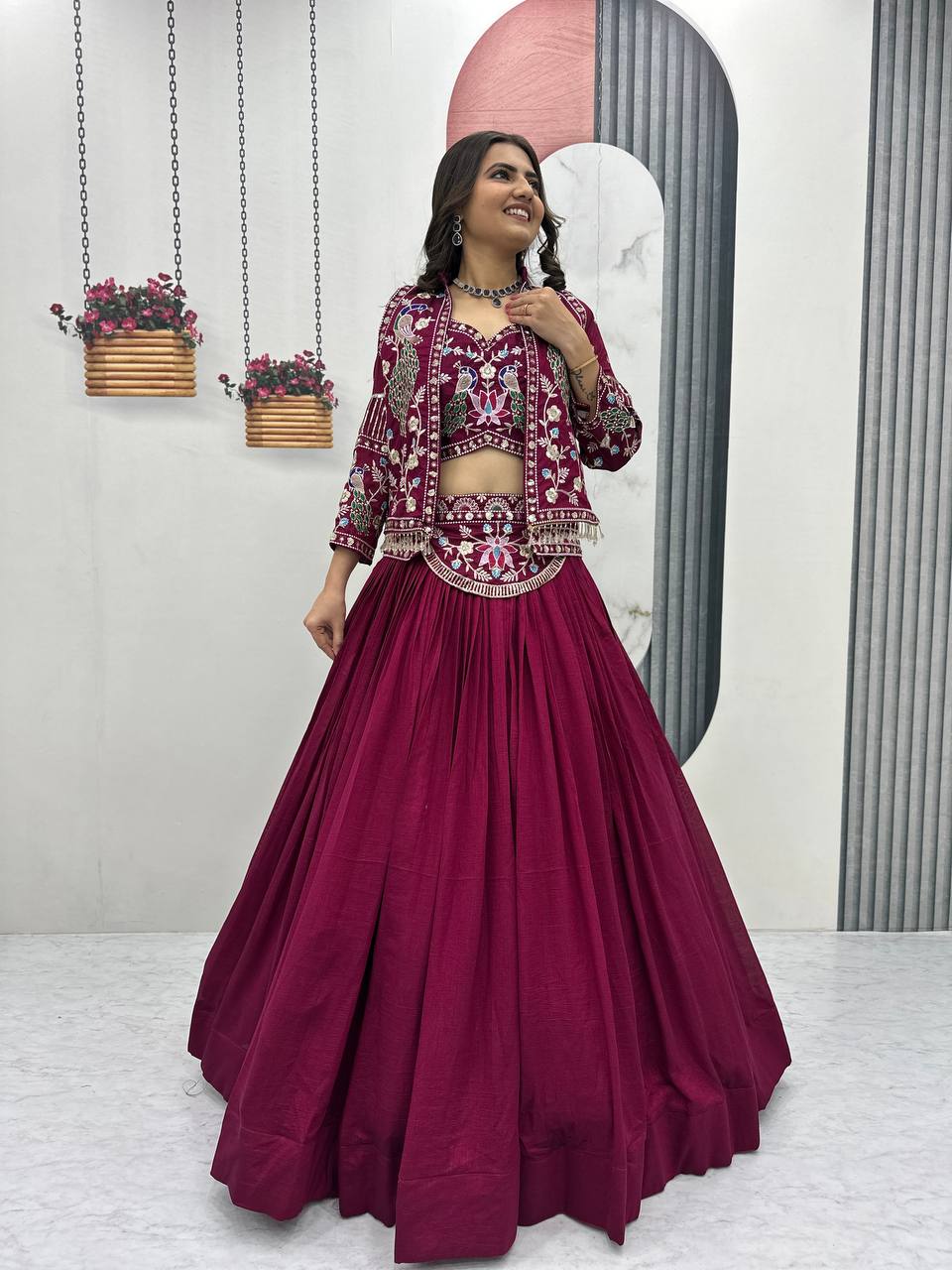 Devanshi magenta vichitra silk crop top lehenga choli with jacket