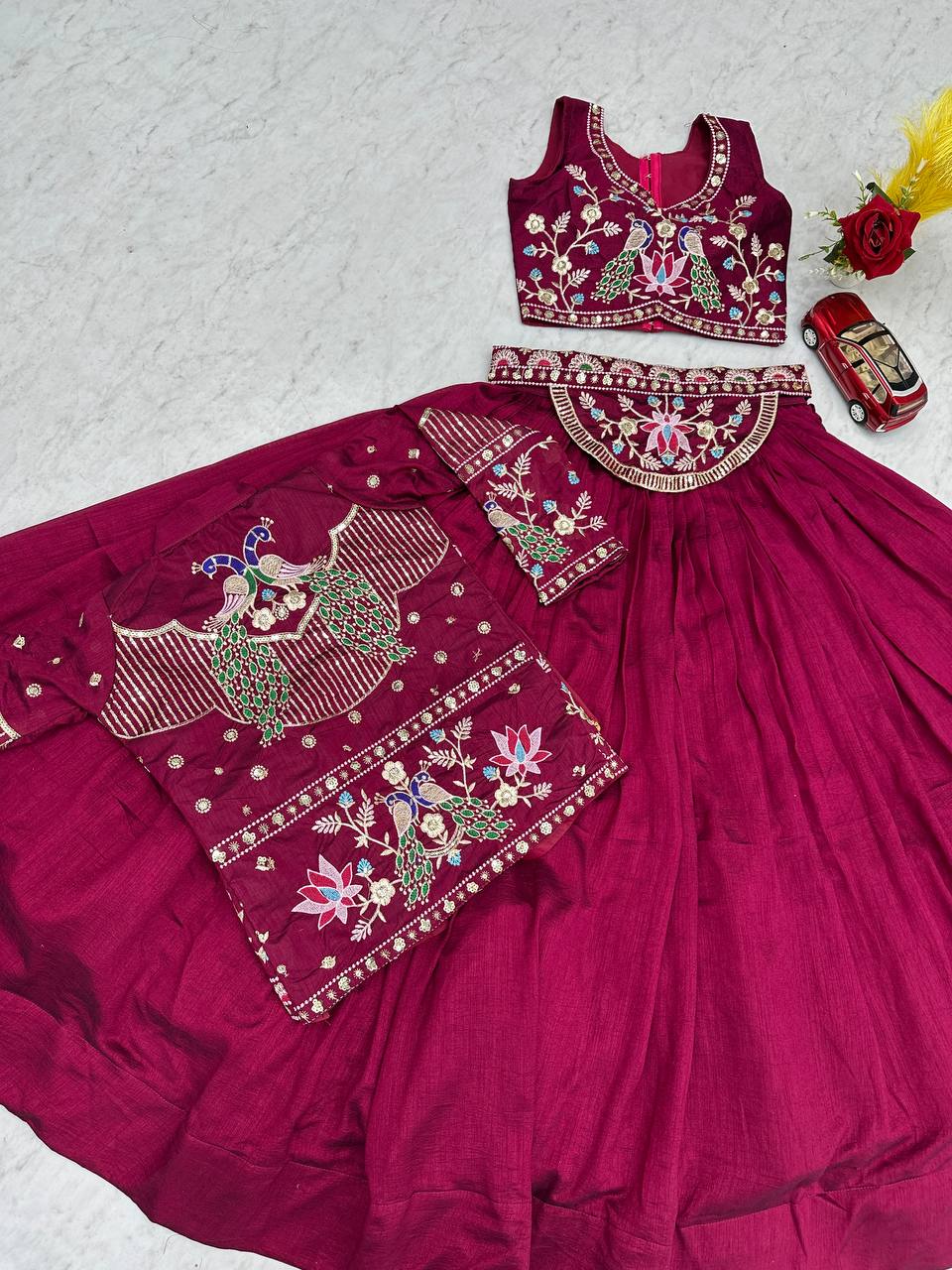 Devanshi magenta vichitra silk crop top lehenga choli with jacket