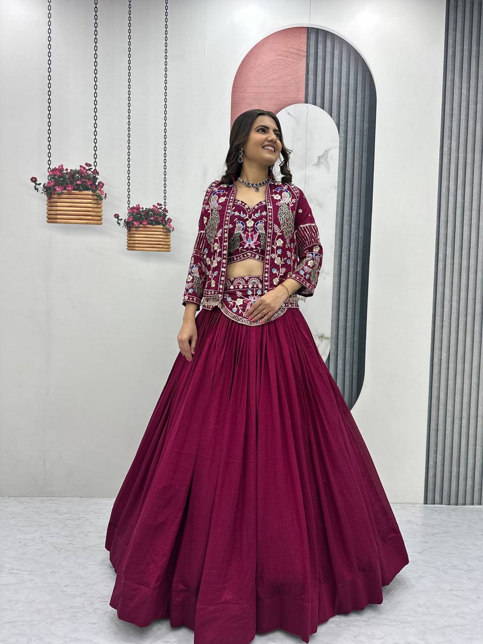 Devanshi magenta vichitra silk crop top lehenga choli with jacket