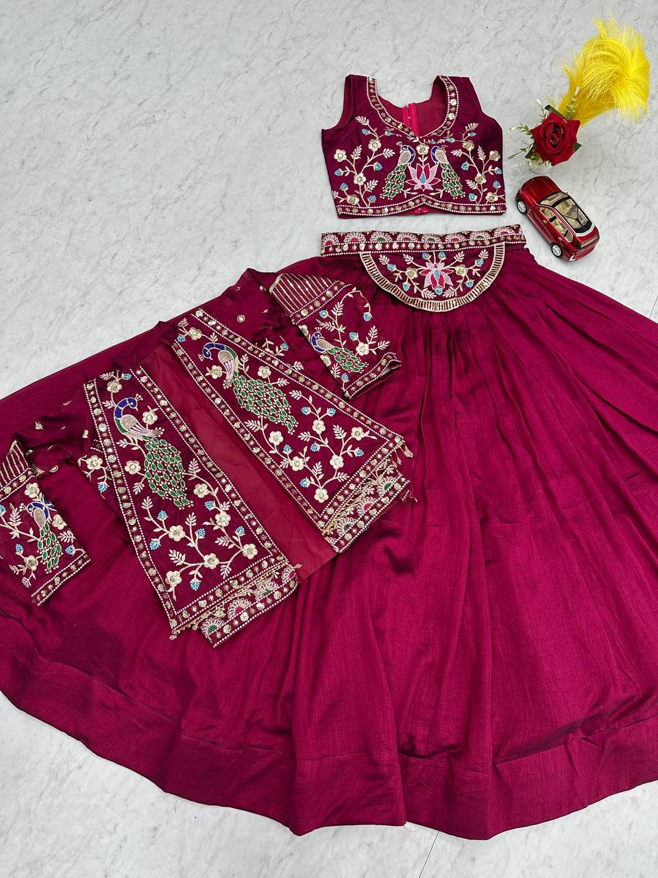 Devanshi magenta vichitra silk crop top lehenga choli with jacket