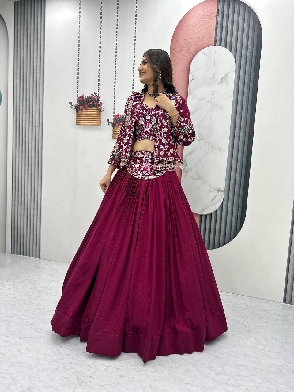 Devanshi magenta vichitra silk crop top lehenga choli with jacket