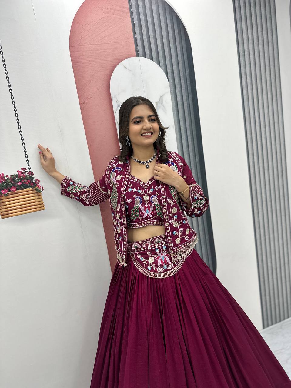 Devanshi magenta vichitra silk crop top lehenga choli with jacket