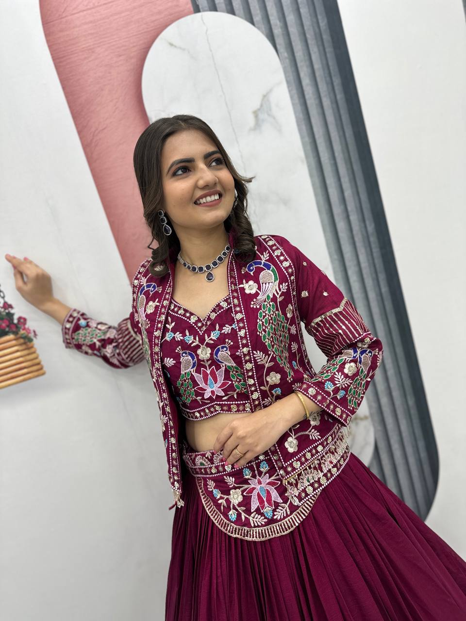 Devanshi magenta vichitra silk crop top lehenga choli with jacket
