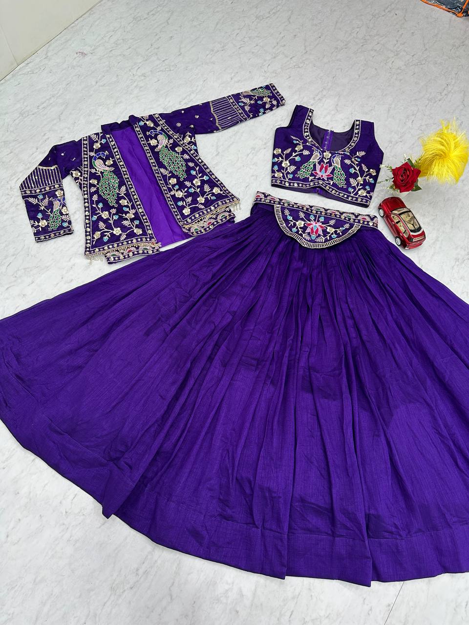 Devanshi navy blue vichitra silk crop top lehenga choli with jacket