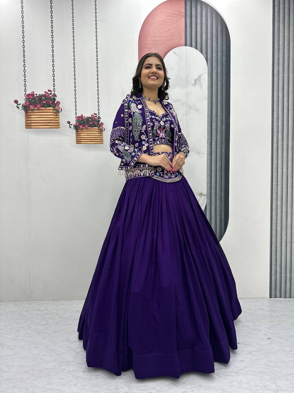 Devanshi navy blue vichitra silk crop top lehenga choli with jacket