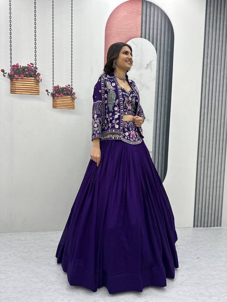 Devanshi navy blue vichitra silk crop top lehenga choli with jacket
