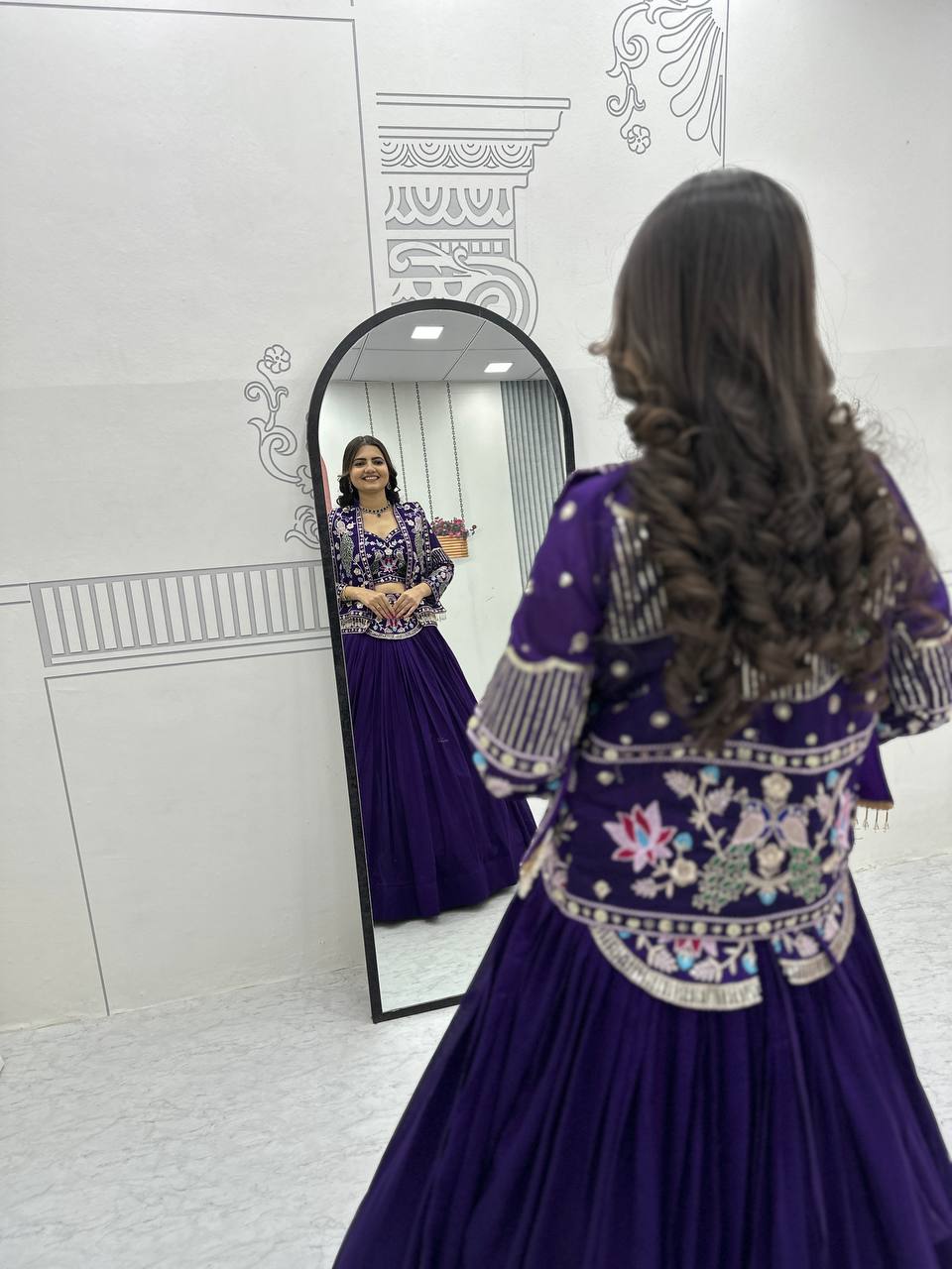 Devanshi navy blue vichitra silk crop top lehenga choli with jacket