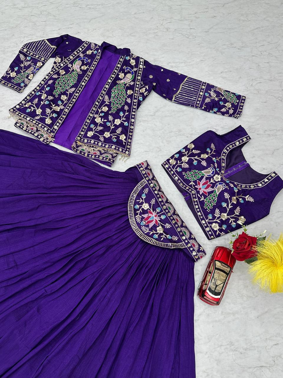 Devanshi navy blue vichitra silk crop top lehenga choli with jacket