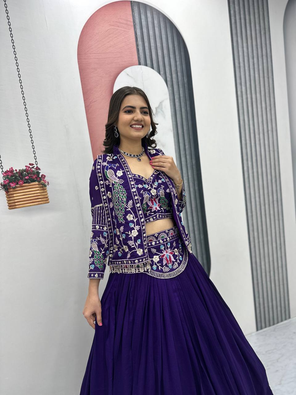 Devanshi navy blue vichitra silk crop top lehenga choli with jacket