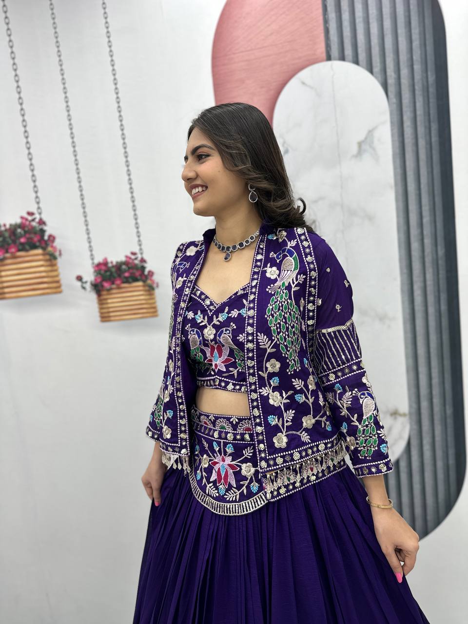 Devanshi navy blue vichitra silk crop top lehenga choli with jacket