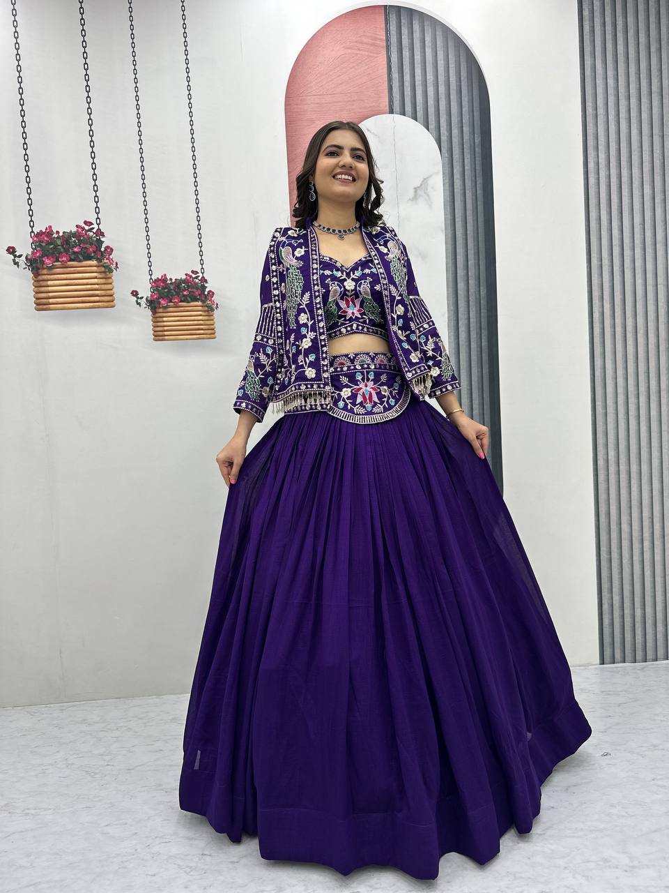 Devanshi navy blue vichitra silk crop top lehenga choli with jacket