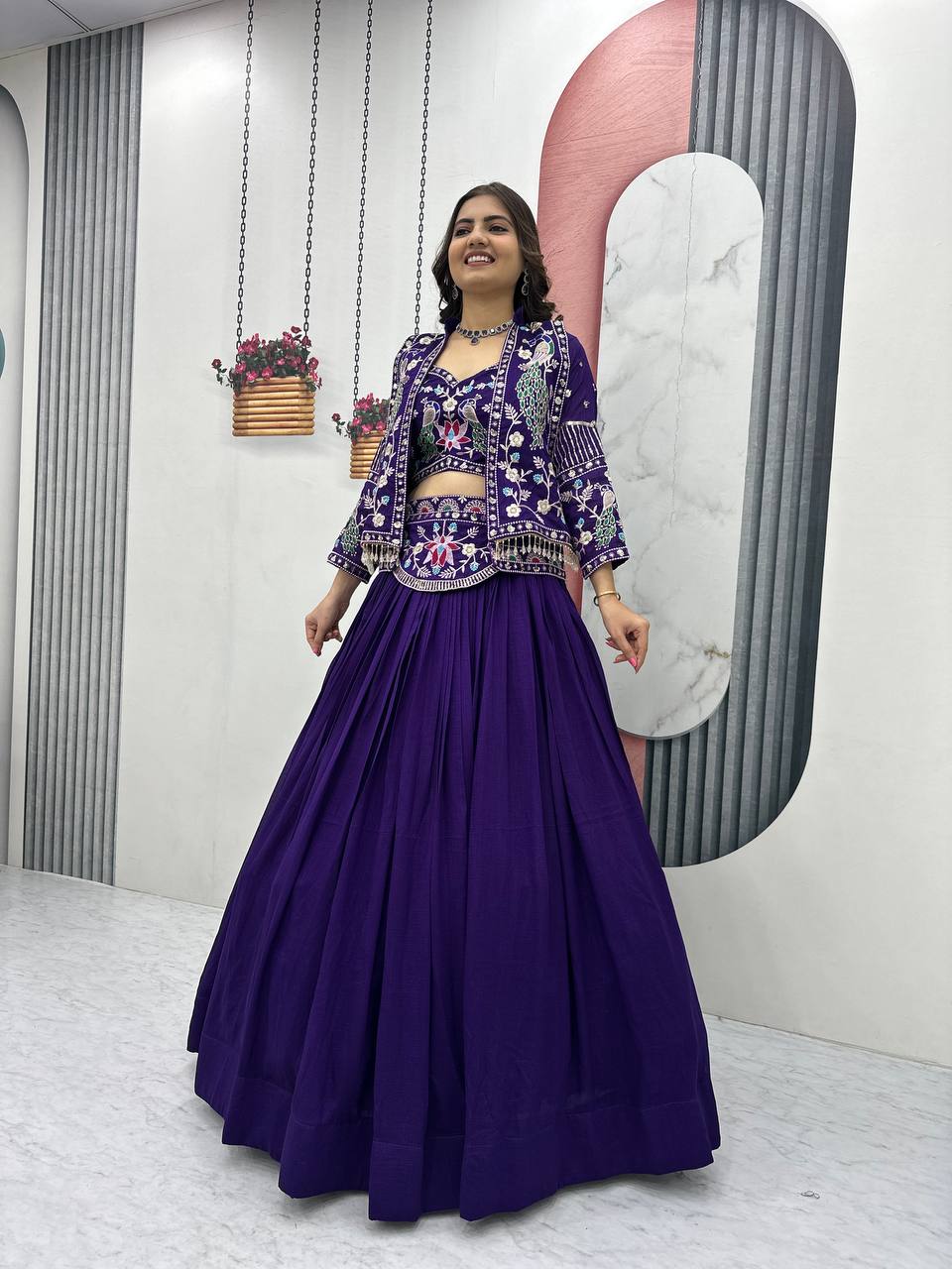 Devanshi navy blue vichitra silk crop top lehenga choli with jacket