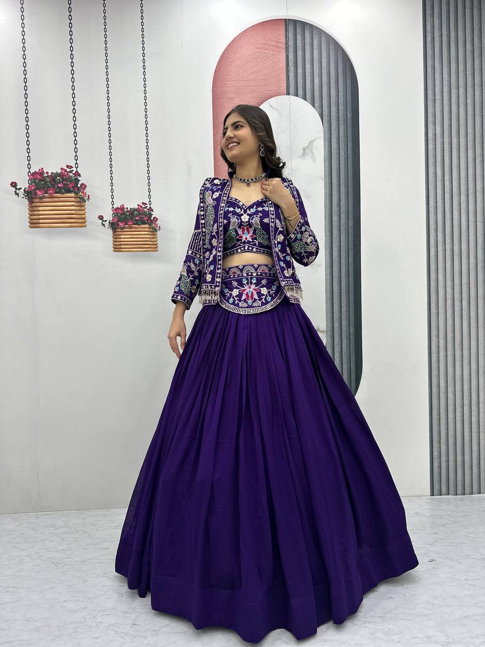 Devanshi navy blue vichitra silk crop top lehenga choli with jacket