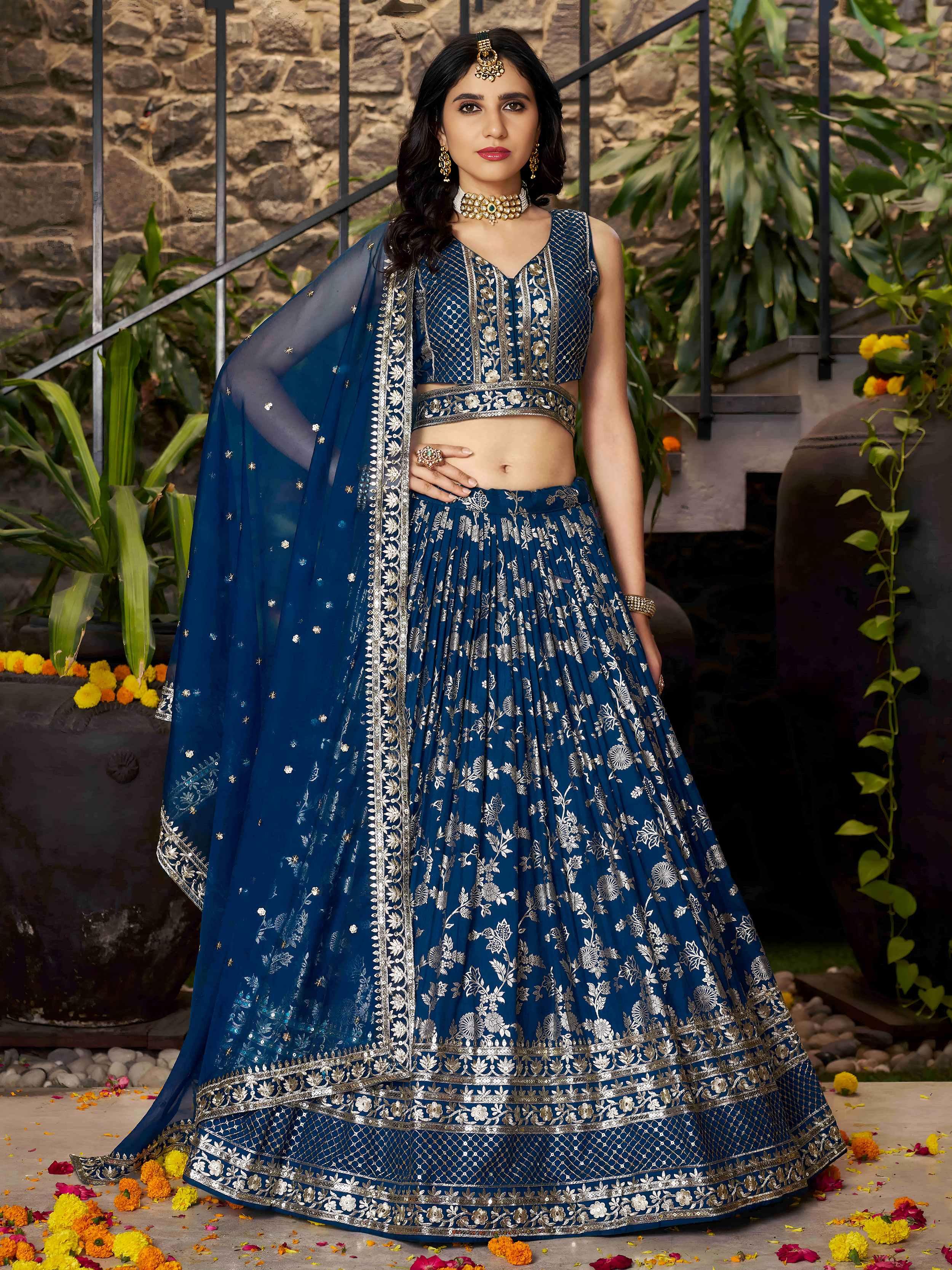 Dove blue Dola silk jacquard embroidered lehenga choli with dupatta