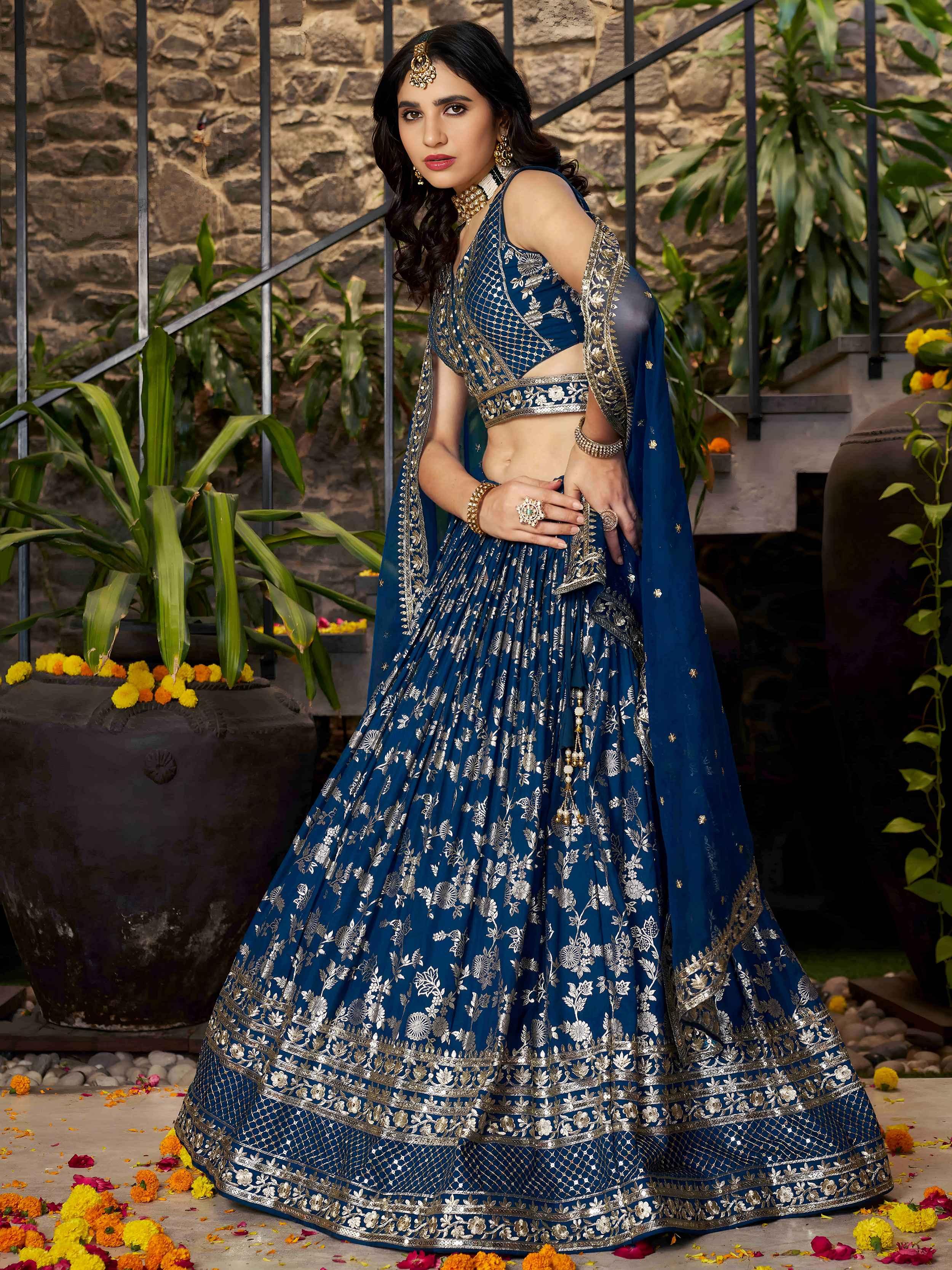 Dove blue Dola silk jacquard embroidered lehenga choli with dupatta