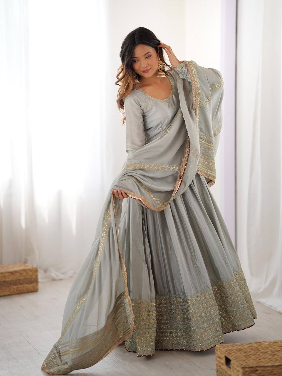 Dove Grey Chinon Silk Embroidered Anarkali Suit With Dupatta