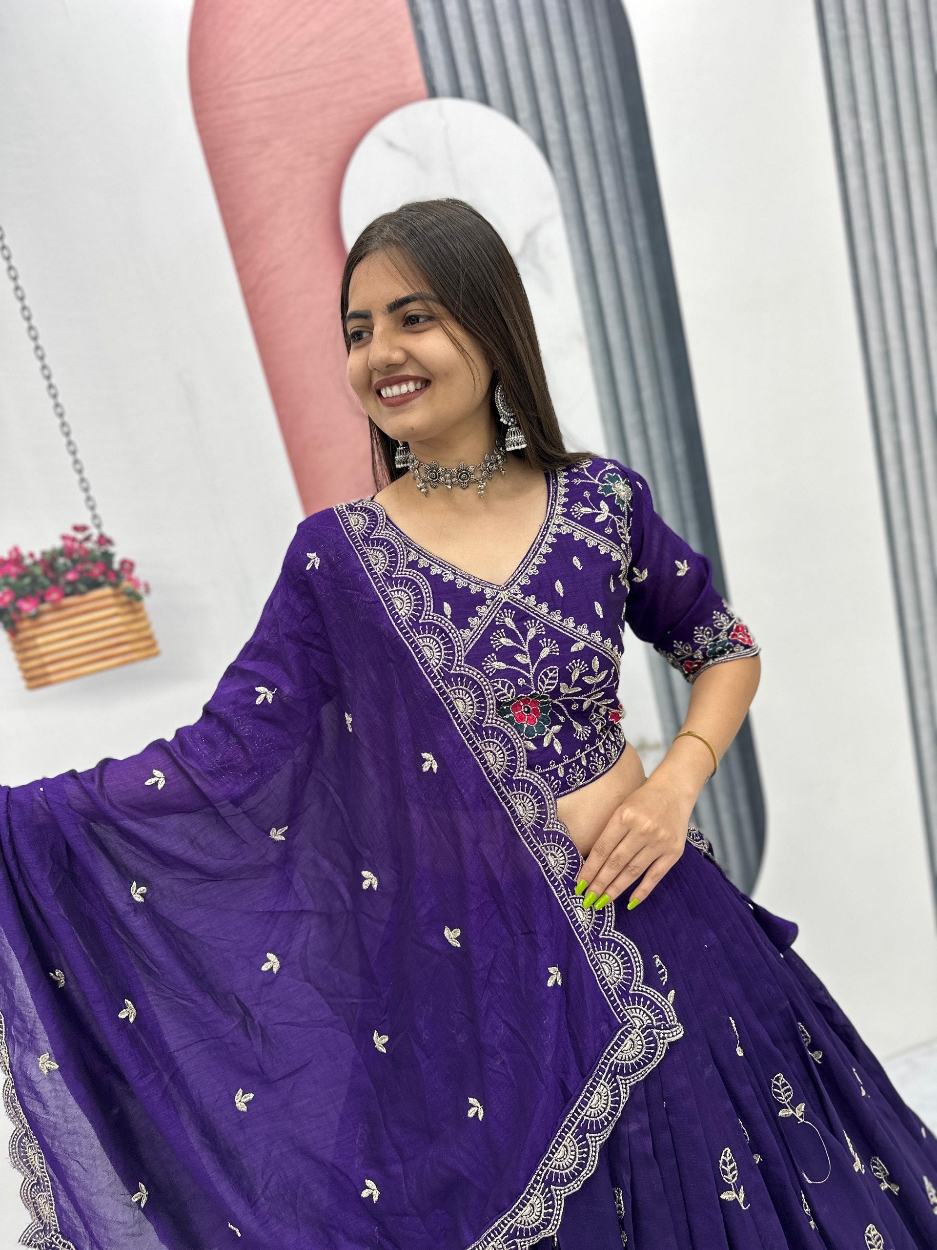 Dviti deep purple vichitra silk embroidery work lehenga choli set