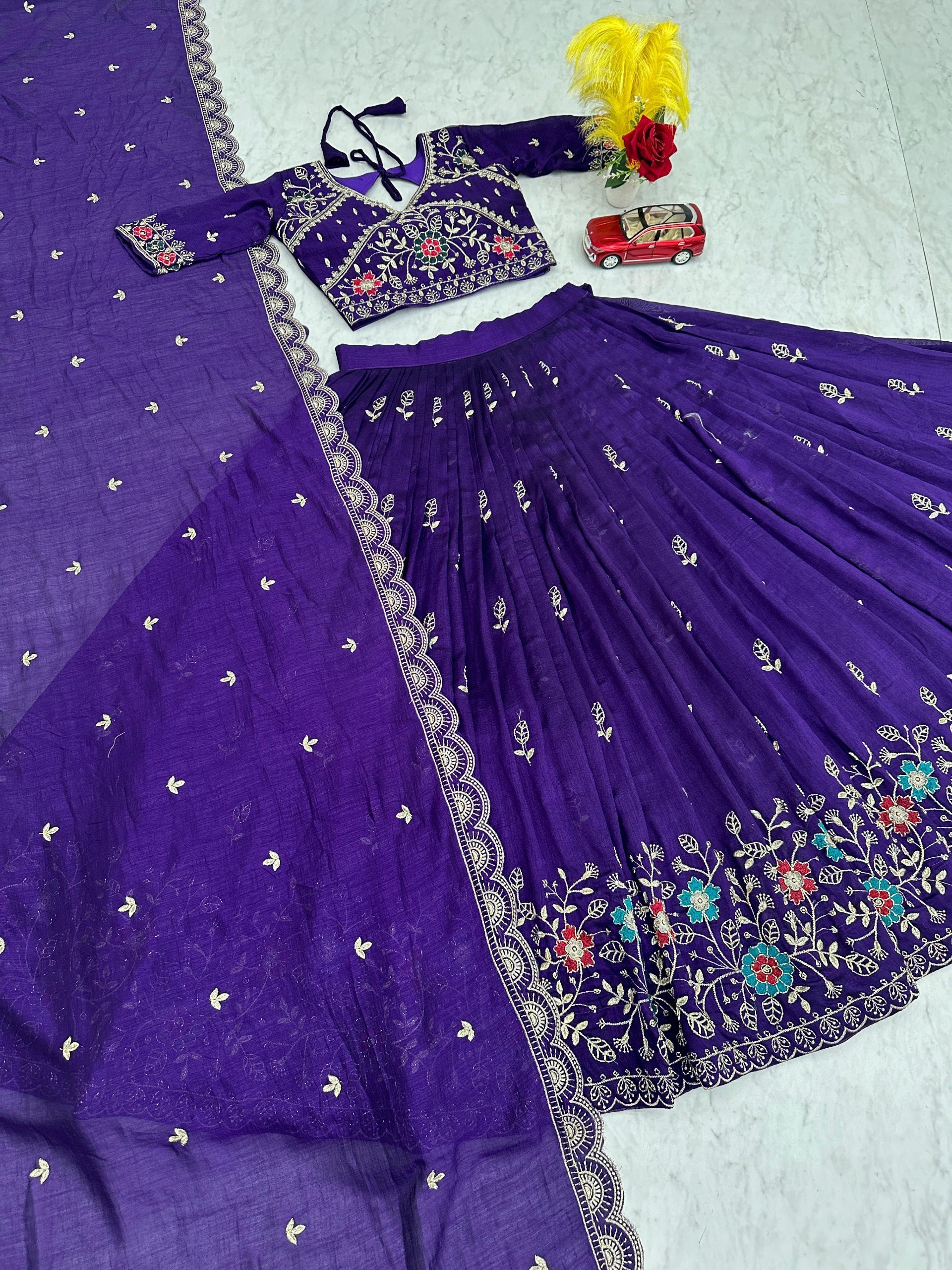 Dviti deep purple vichitra silk embroidery work lehenga choli set
