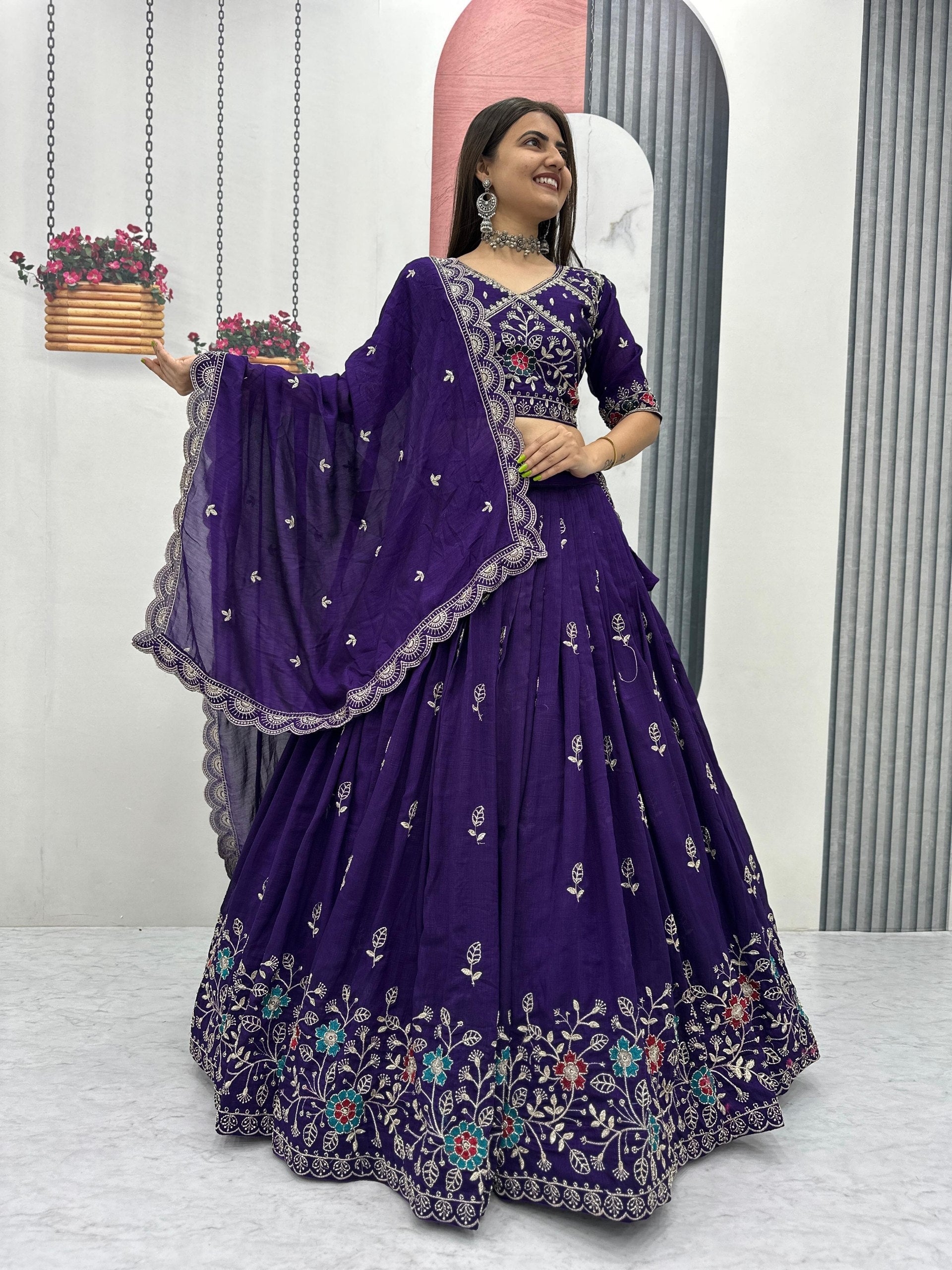 Dviti deep purple vichitra silk embroidery work lehenga choli set
