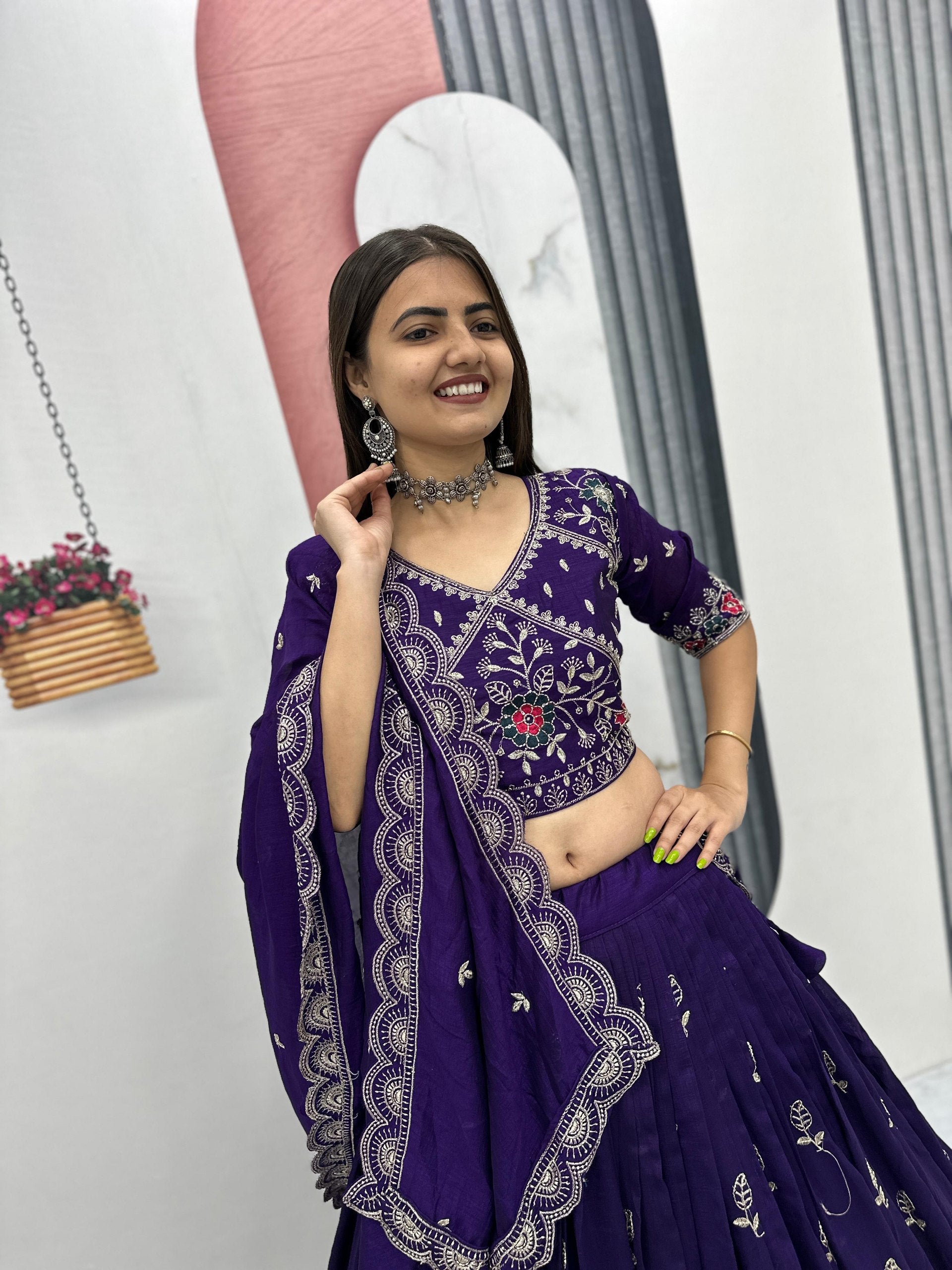 Dviti deep purple vichitra silk embroidery work lehenga choli set